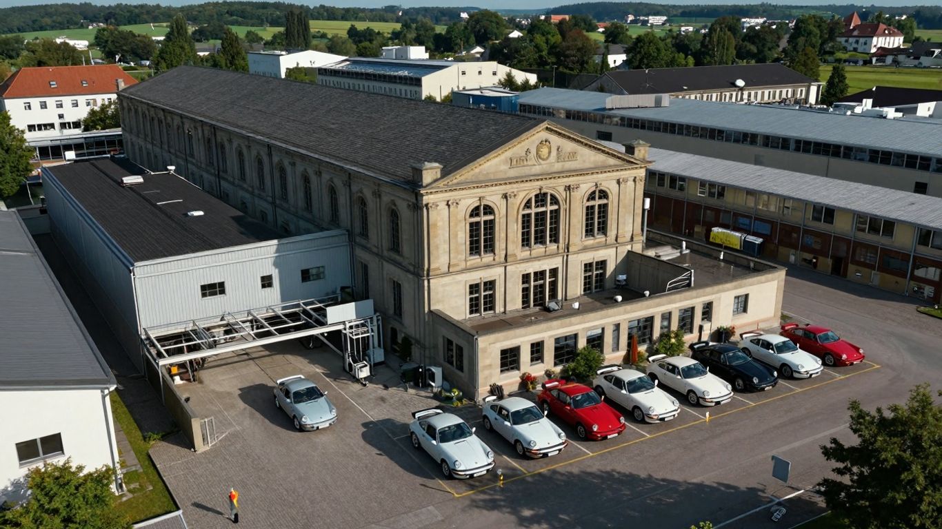 Porsche Zuffenhausen factory exterior with sports cars.