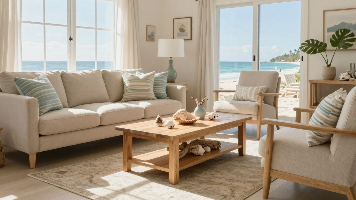 Coastal furniture in a bright San Diego Airbnb living room.