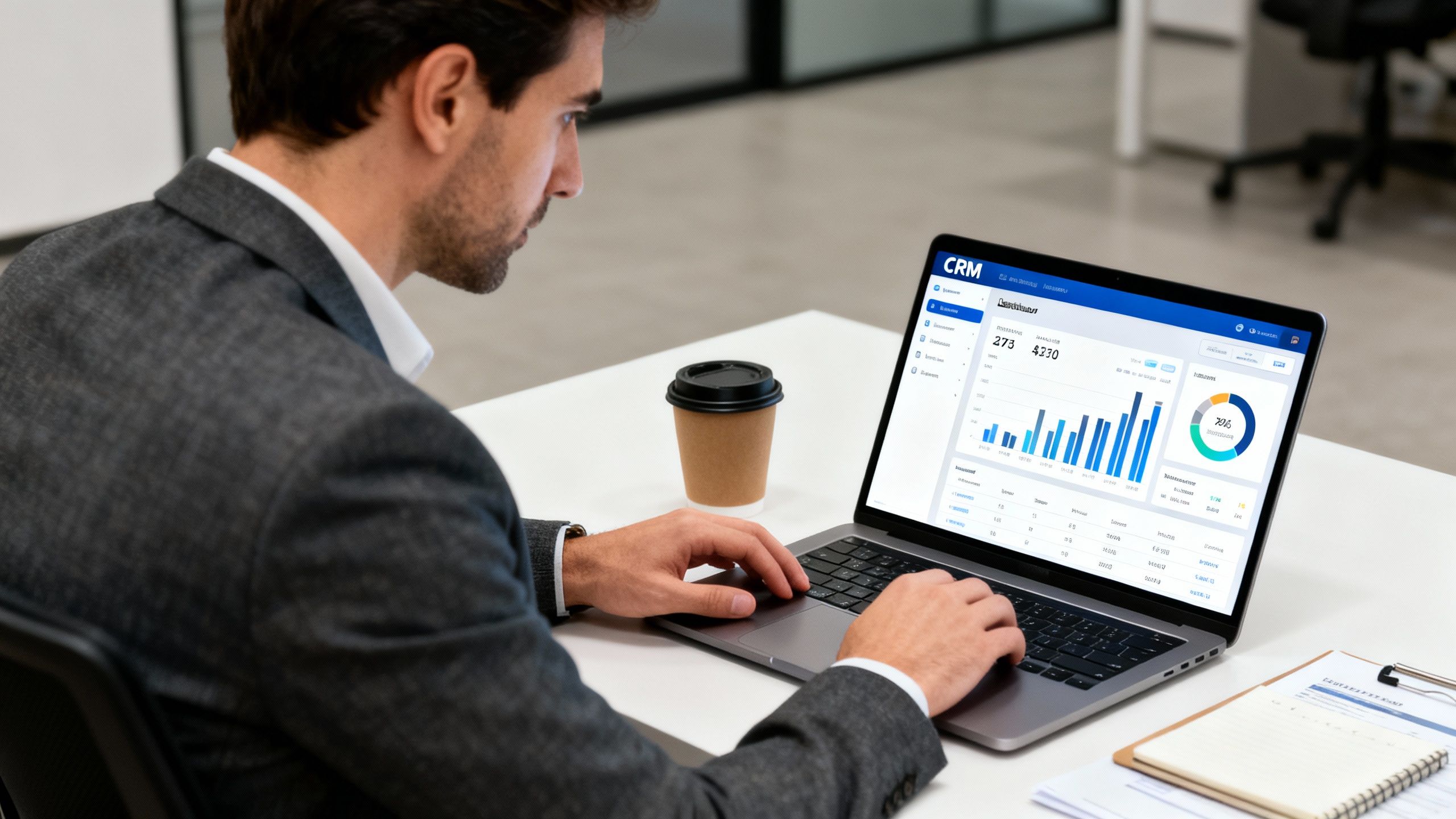 business owner reviewing CRM dashboard on laptop