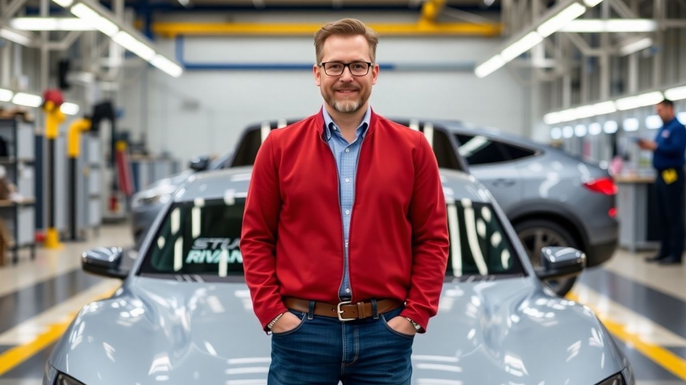 Rivian CEO [RJ Scaringe] with electric vehicle.