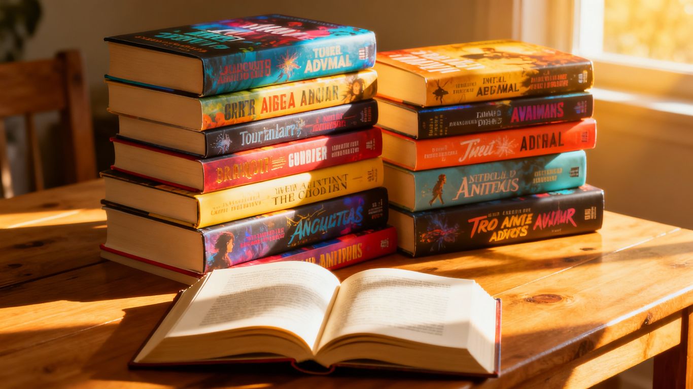 Stack of colorful young adult novels on a wooden table.