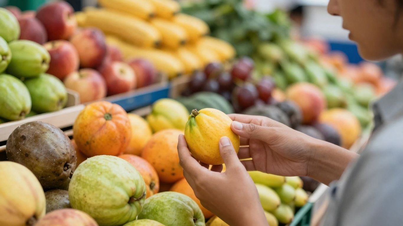 Person choosing fresh fruits and vegetables at a market.
