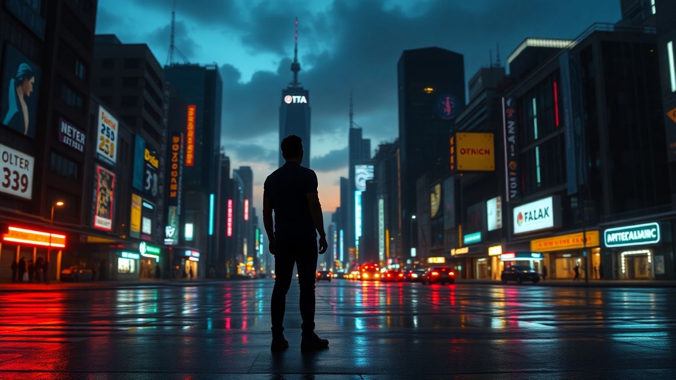 Futuristic city with a lone figure.