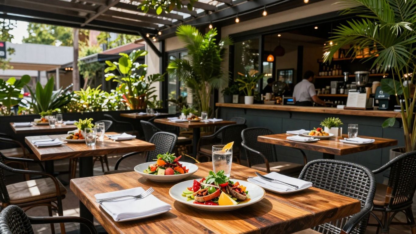 Colorful food on tables at a lively East Austin restaurant patio.