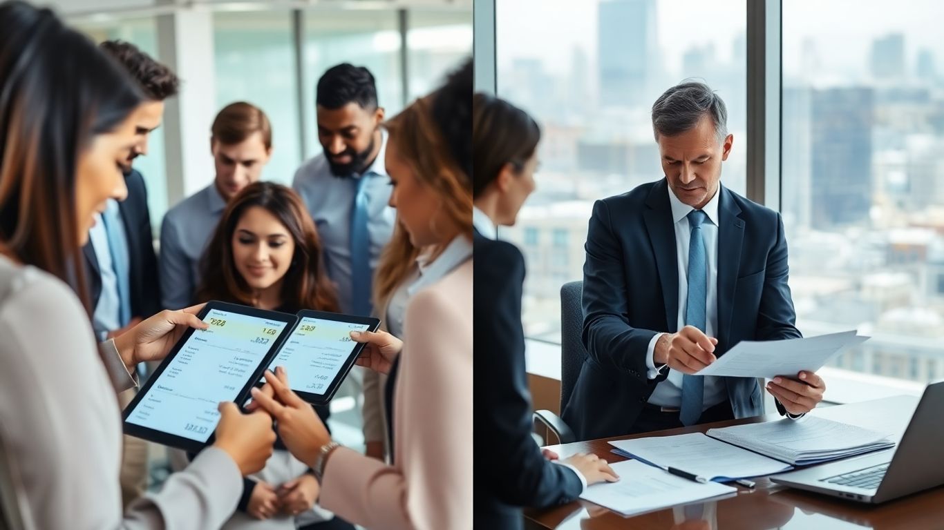 Employés et professionnels examinant des informations salariales.