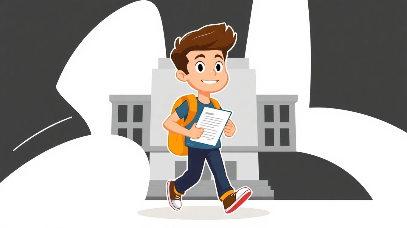 Student confidently walking towards a building with loan document.