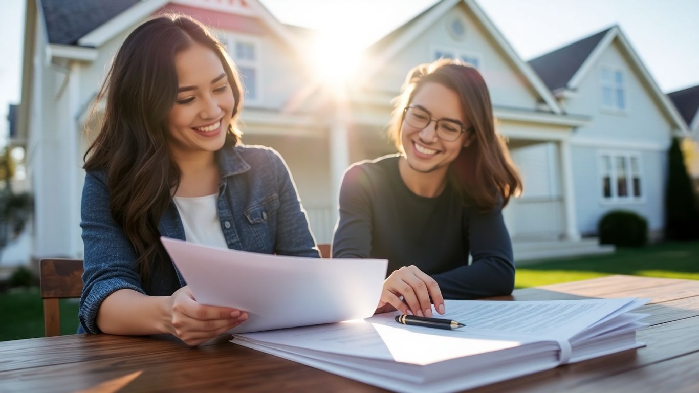 Cuplu fericit analizează documente pentru credit imobiliar.