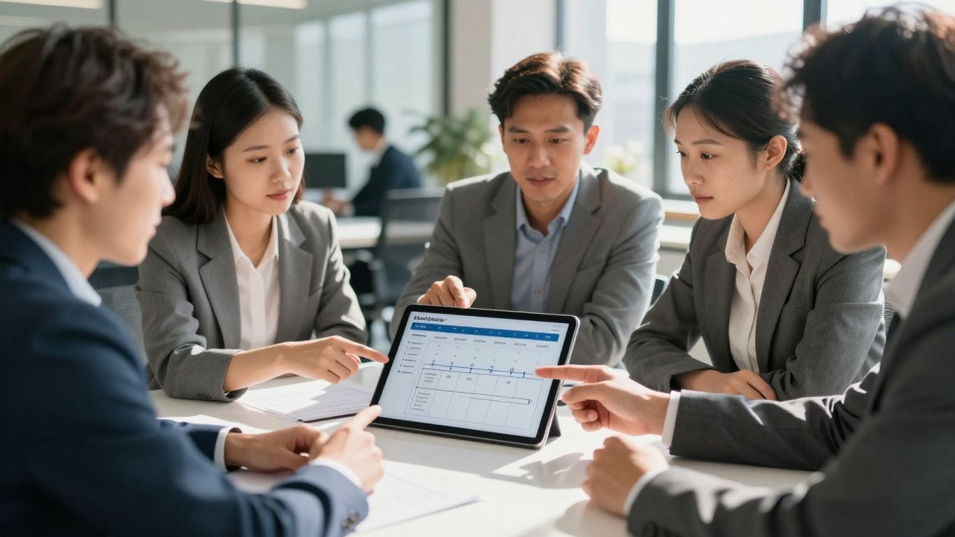 Marketing professionals planning a project on a tablet.