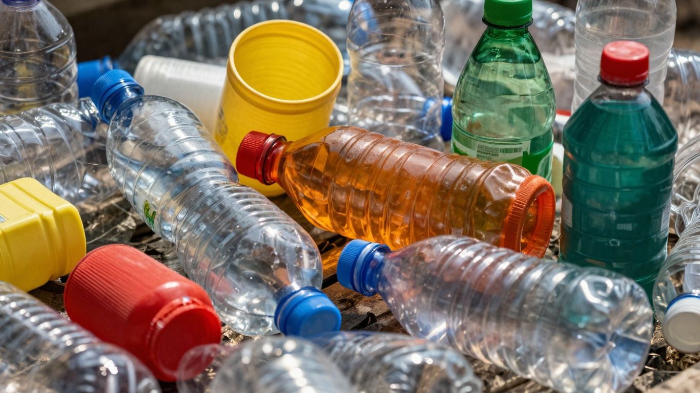 Sticlă și recipiente de plastic colorate pentru reciclare.