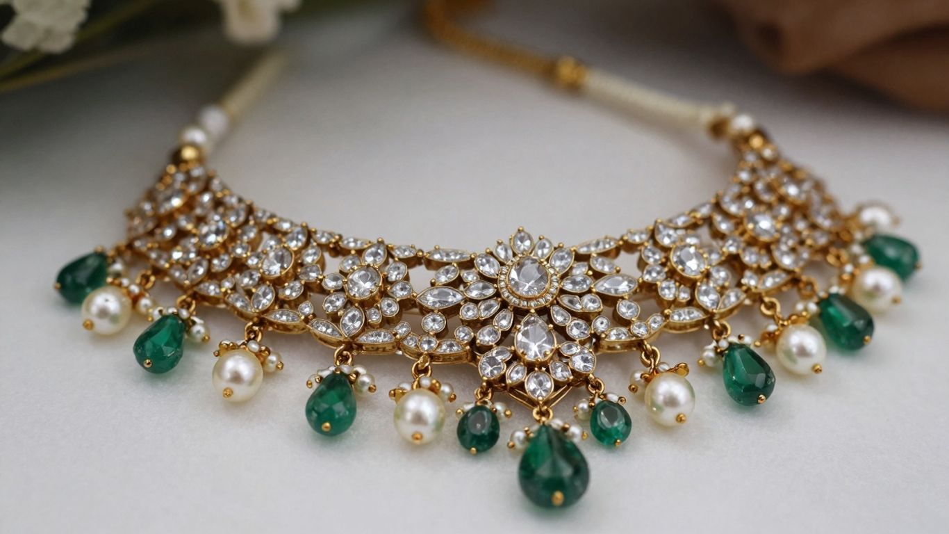 Exquisite Polki necklace set with uncut diamonds and pearls.