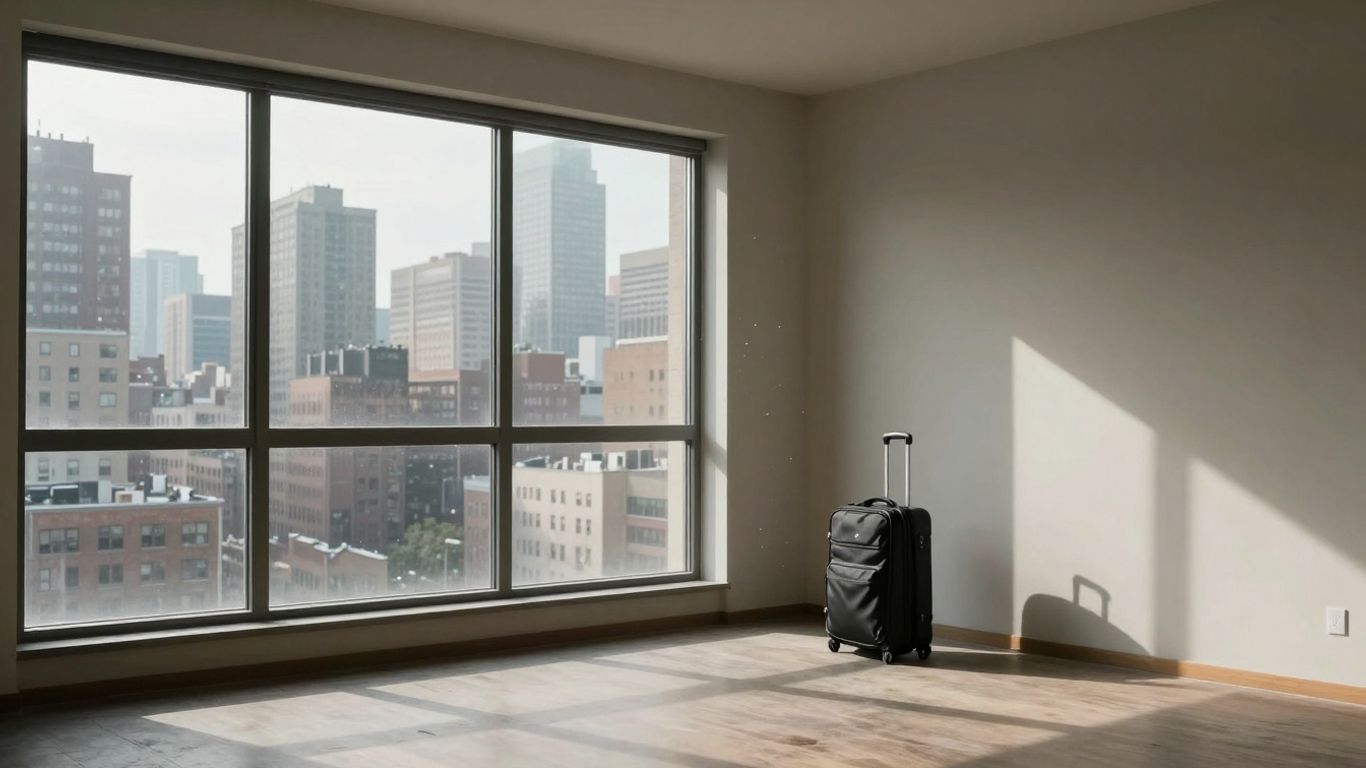 Empty apartment with suitcase overlooking Hong Kong skyline.