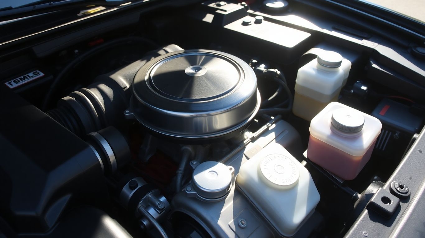 Clean car engine compartment with shiny parts.