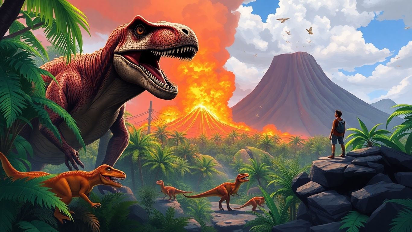 Dinosaur game scene with T-Rex and volcano.