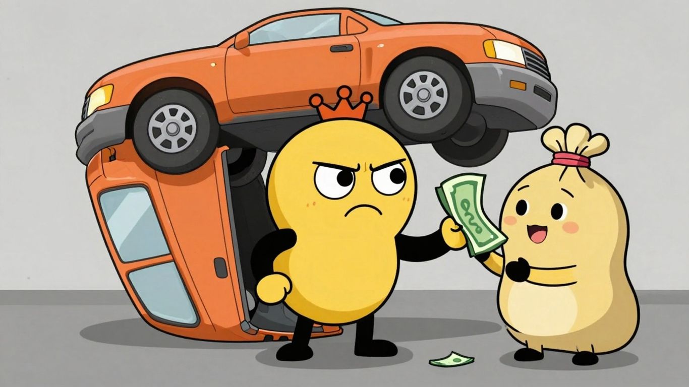 Cartoon character getting money from a friend to pay off car loan.