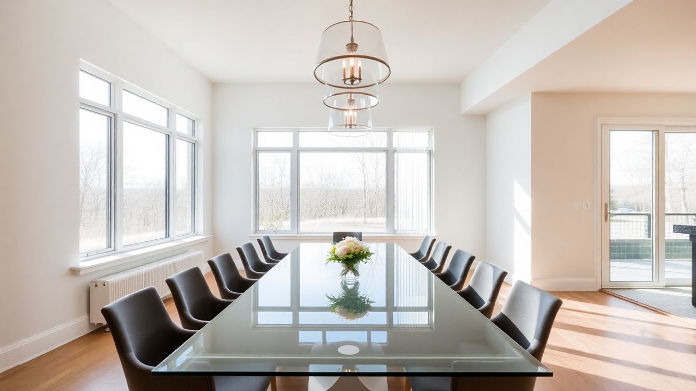 Long glass-top dining table in spacious room