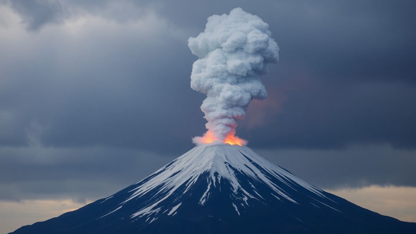 Mont Fuji en éruption avec fumée et cendres