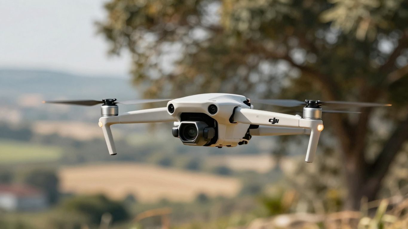 DJI Mini 3 drone flying over a scenic landscape.