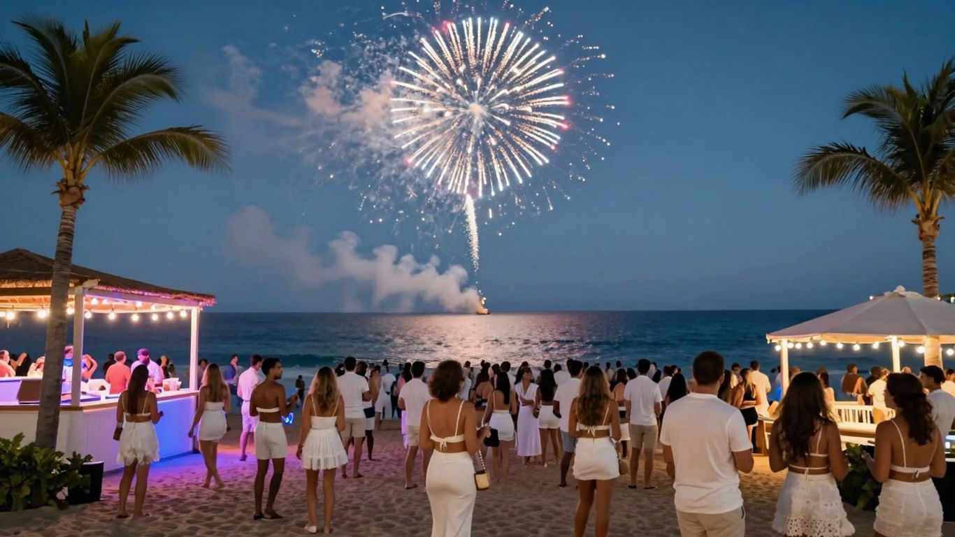 Cabo beach party with fireworks and guests in white.