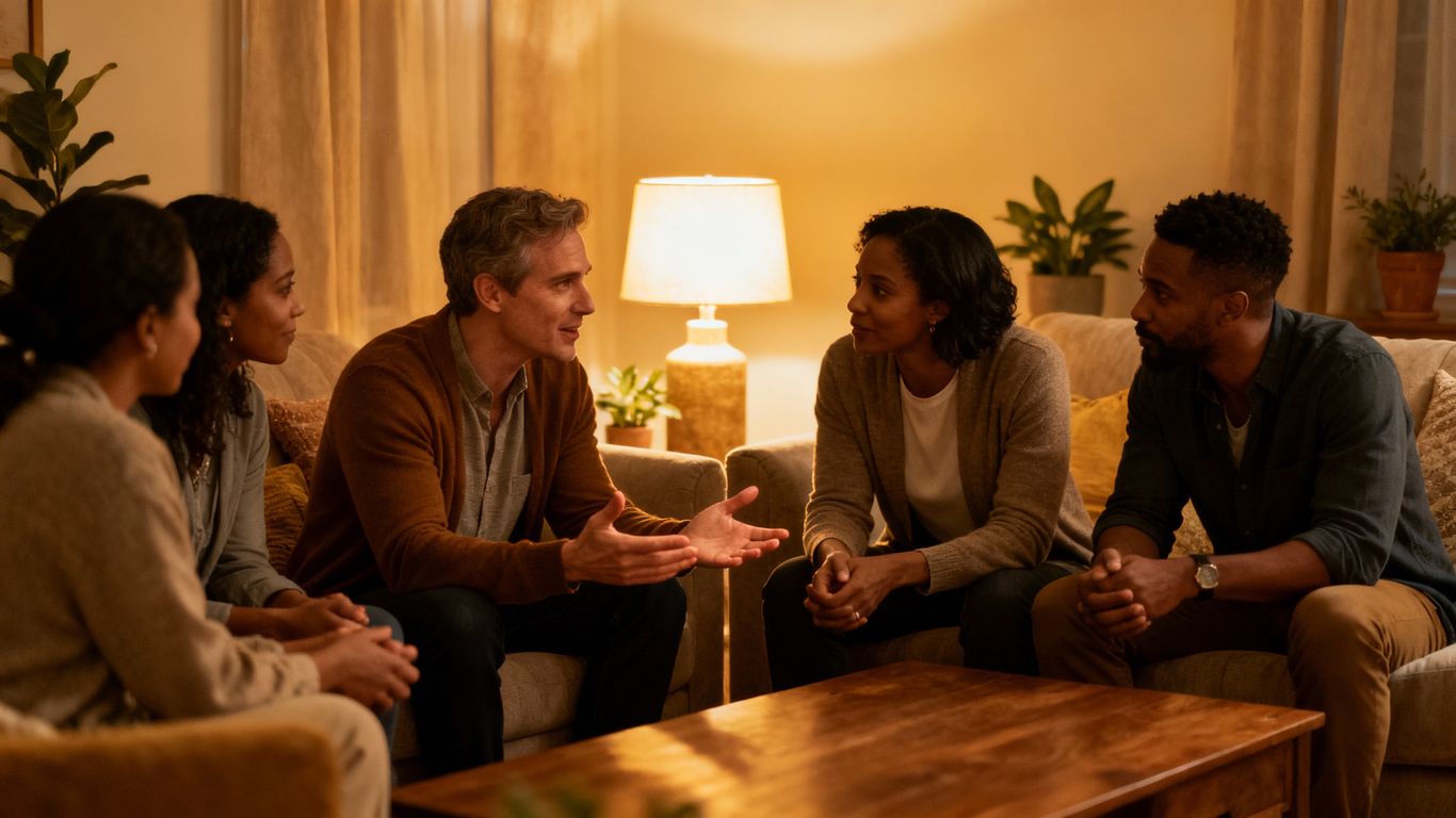 People talking openly in a comfortable living room setting.