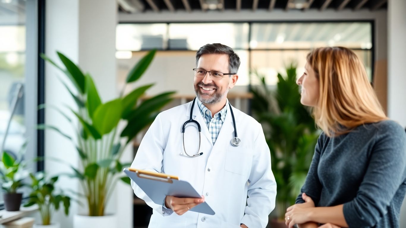Médico conversando com paciente em consultório moderno luminoso