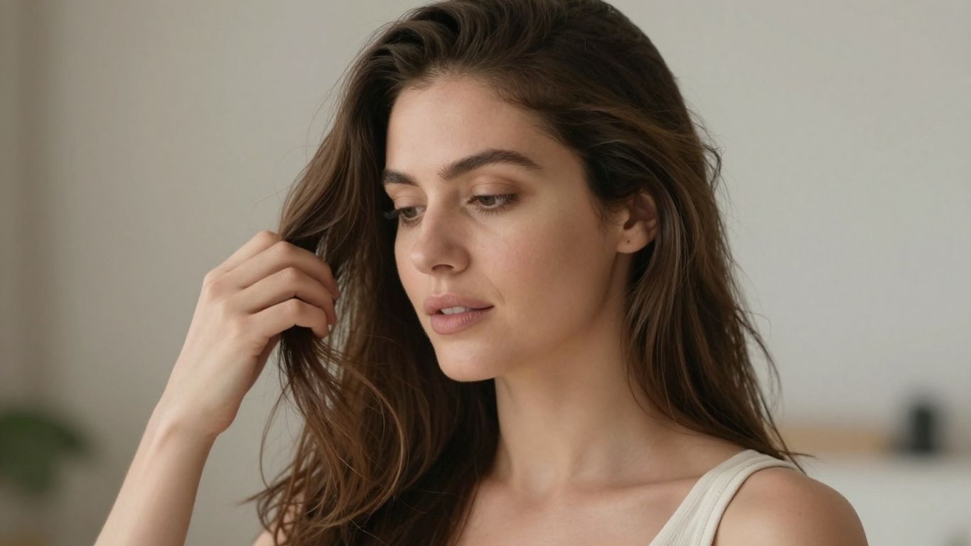 Woman examining strands of her healthy brown hair.