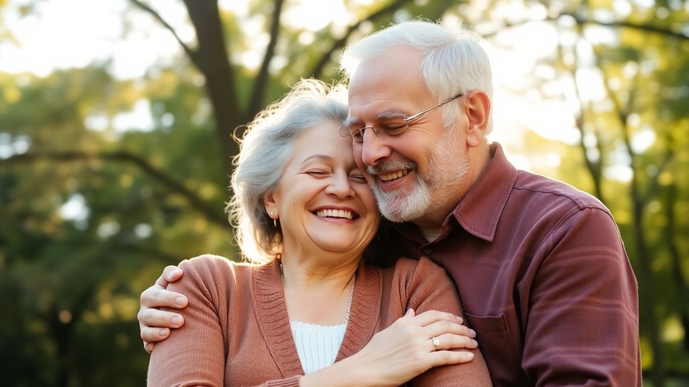 Couple embracing outdoors, mature love and connection.
