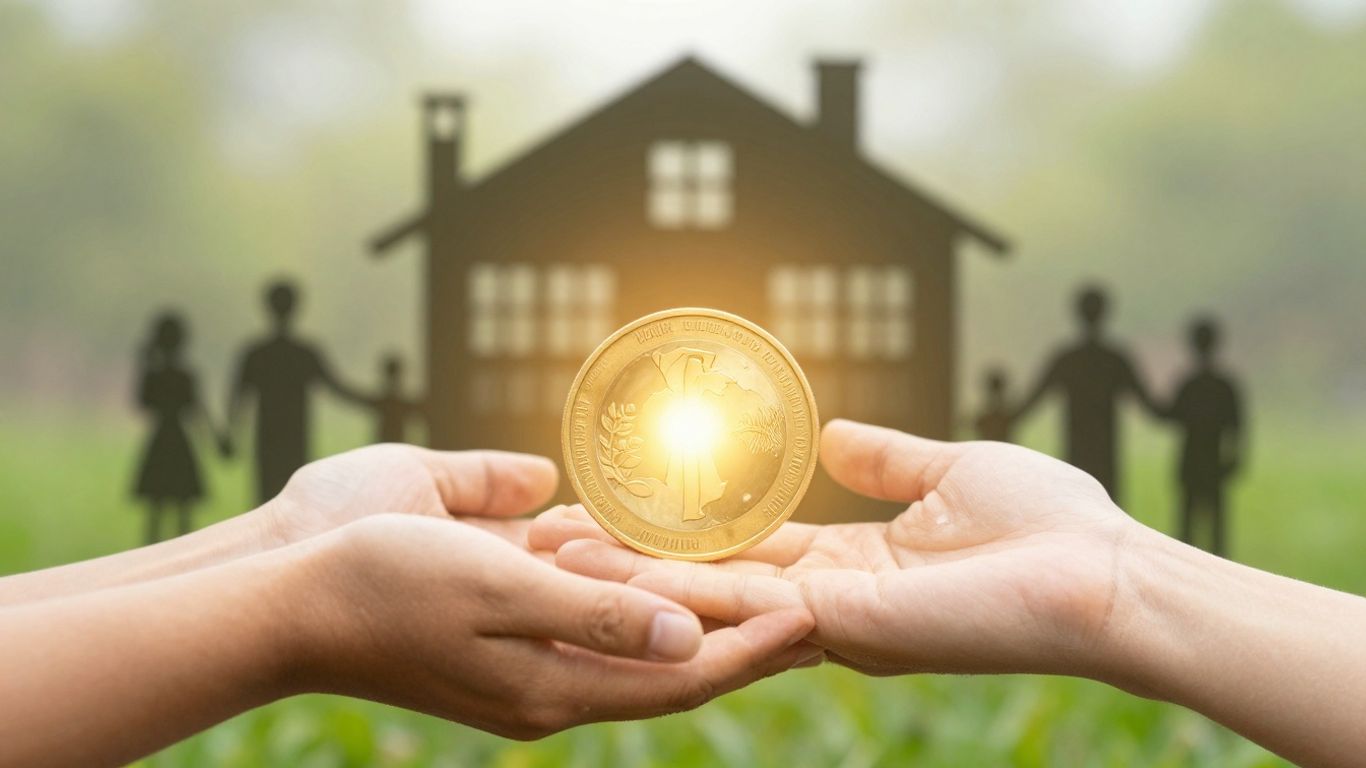 Hands reaching for a golden coin, community building background.