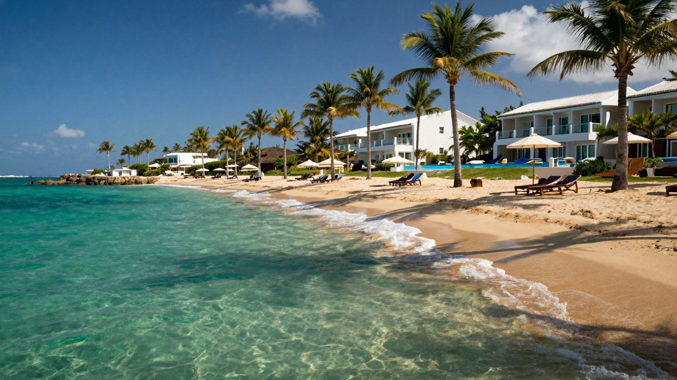 Plaża z palmami i luksusowym hotelem.