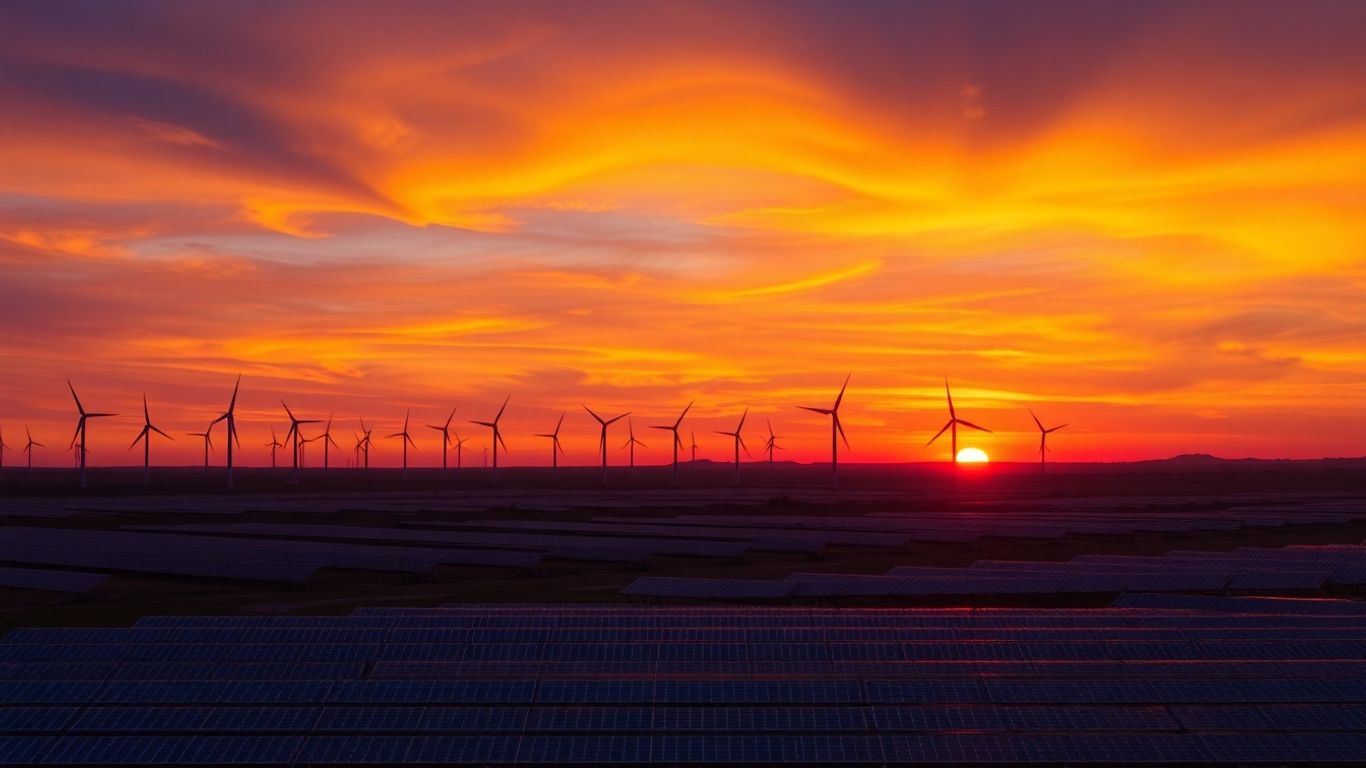 Wind turbines and solar panels at sunset.