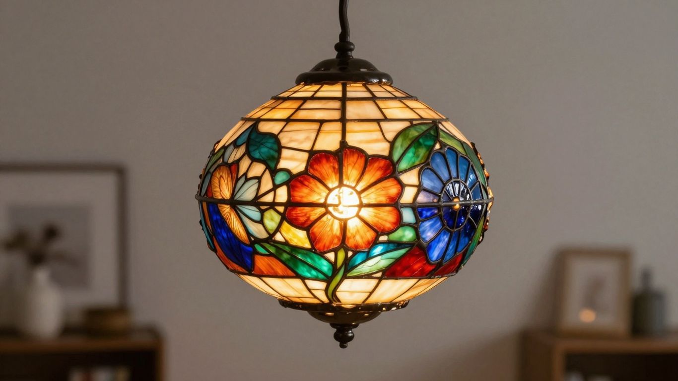 Colorful glass pendant light illuminating a room.