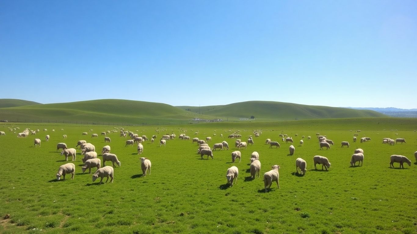 Australian sheep grazing in a sunny green paddock.