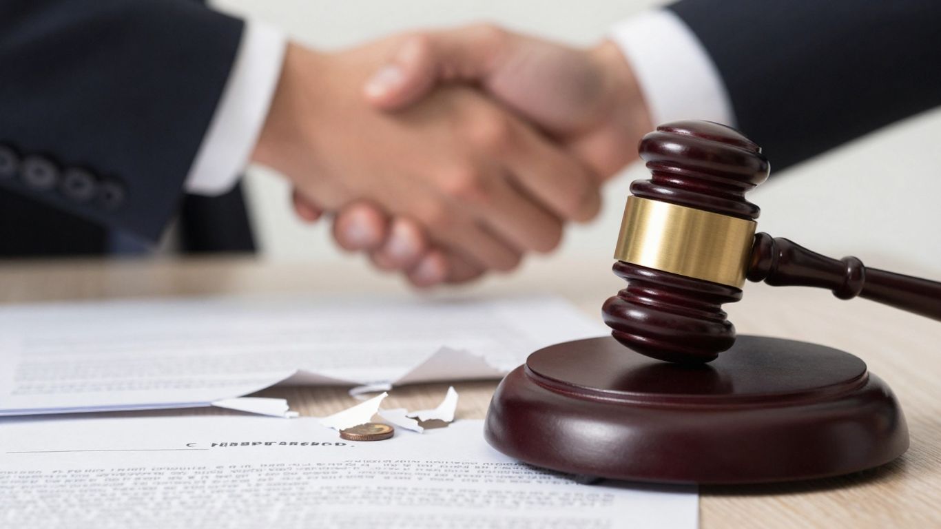 Gavel and torn contract papers