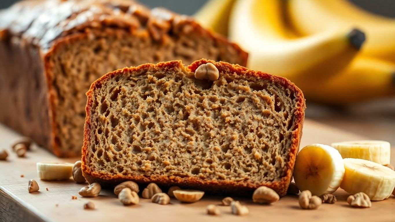 Slice of delicious paleo banana bread with bananas and nuts.