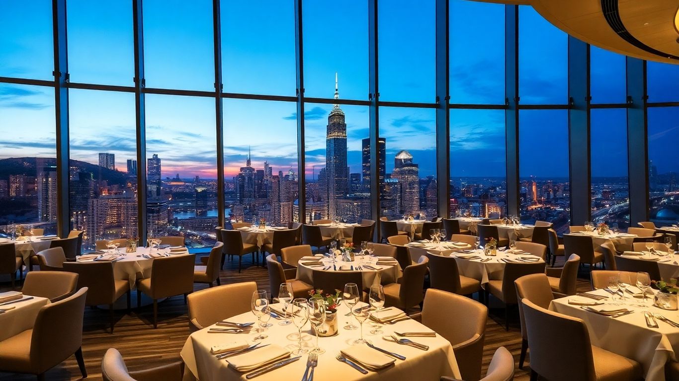 Elegantes Restaurant mit Glasfront und Blick auf die Stadt