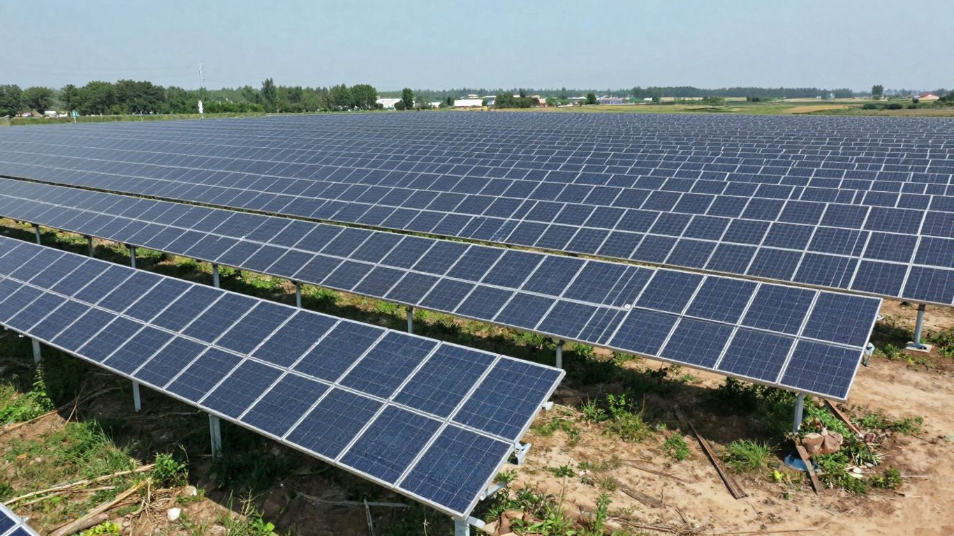 Panneaux solaires dans une vaste centrale photovoltaïque en Afrique.