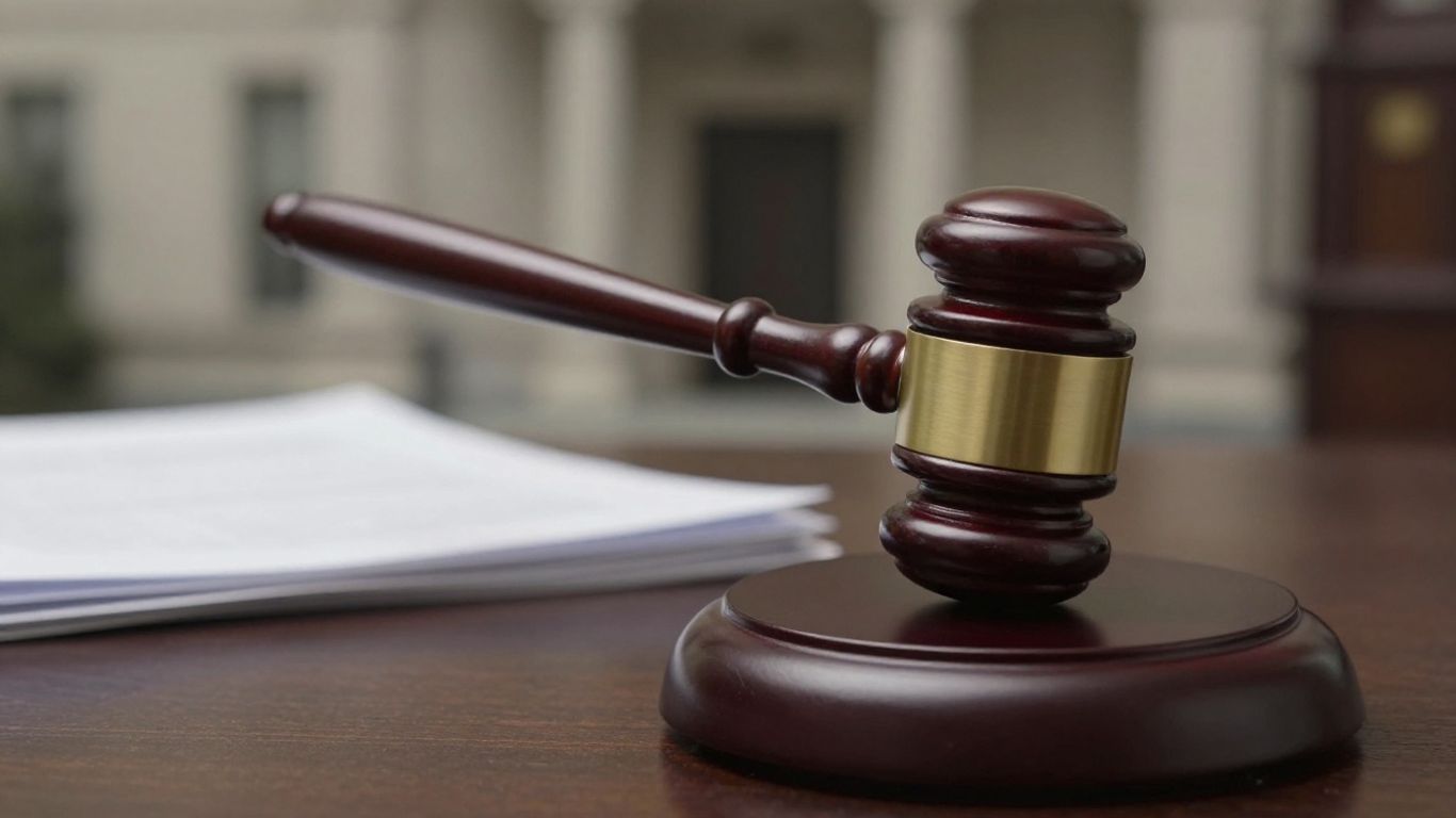 Gavel striking sound block, legal documents, courthouse.