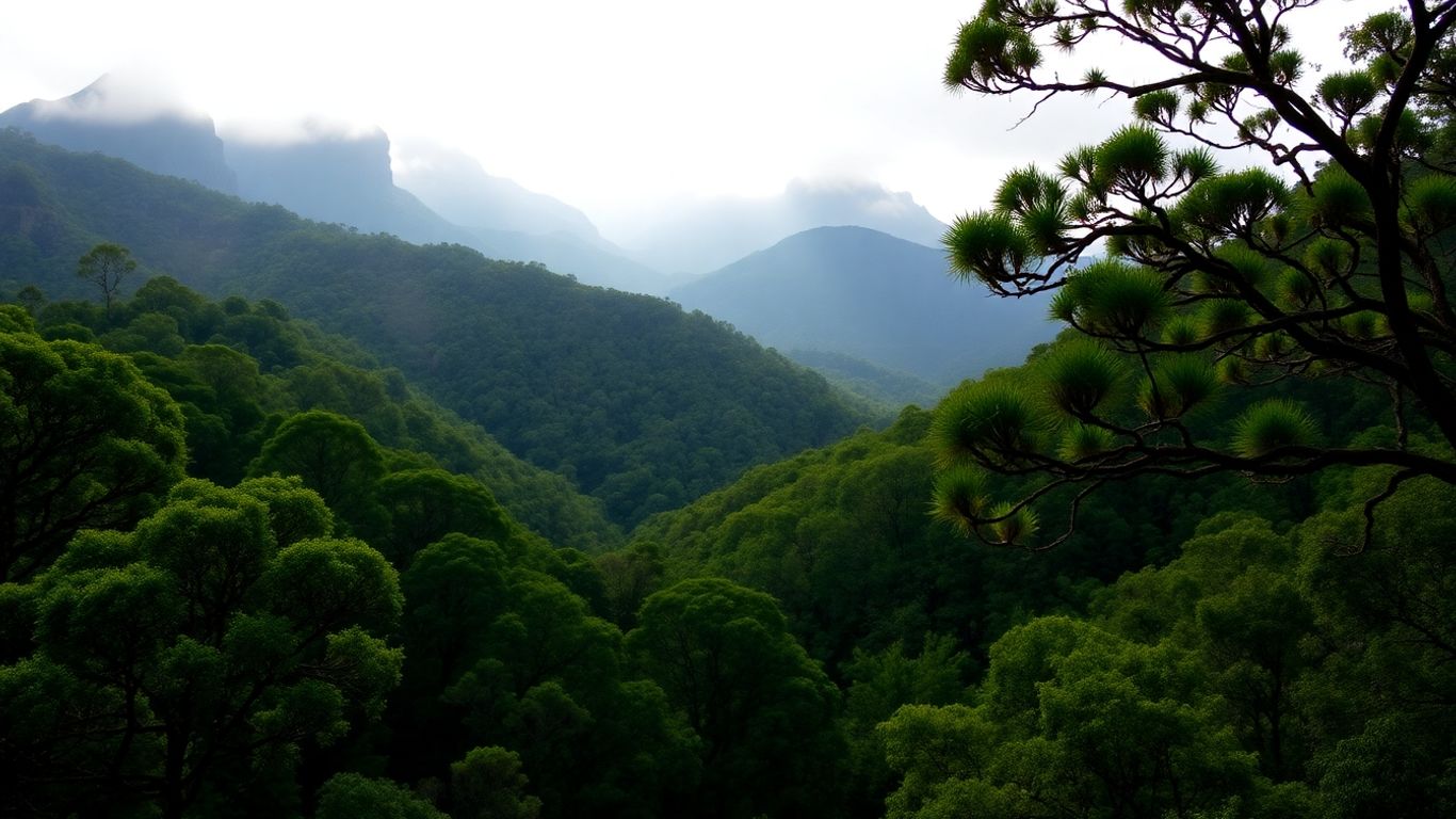 Misty Blue Mountains with lush green forests and rugged peaks.