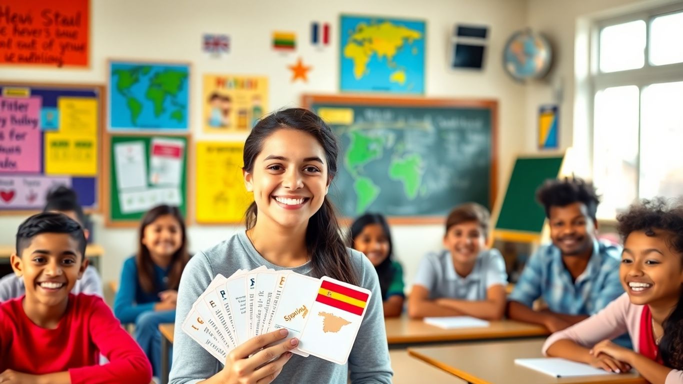 Estudiantes aprendiendo español en un aula luminosa y alegre.