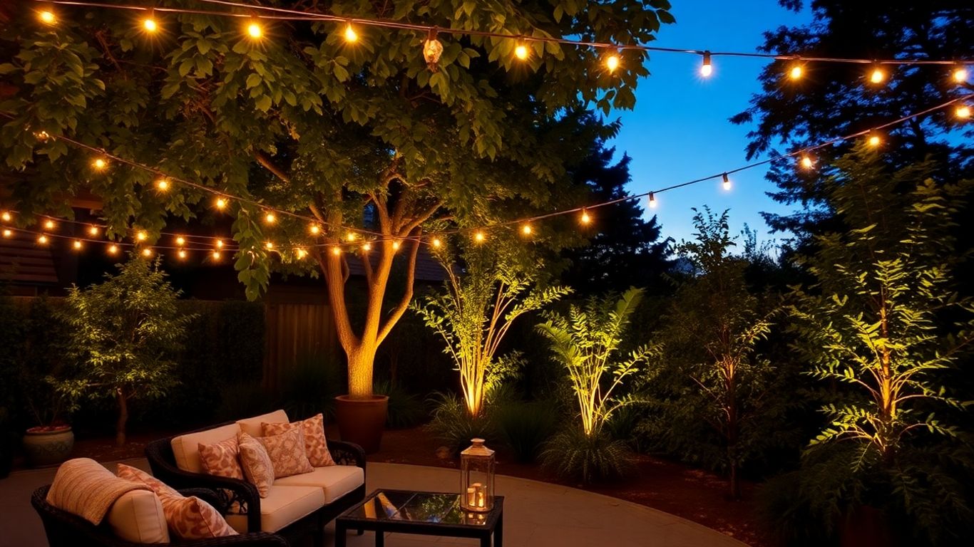 Garden lit up at night with string lights and uplighting.