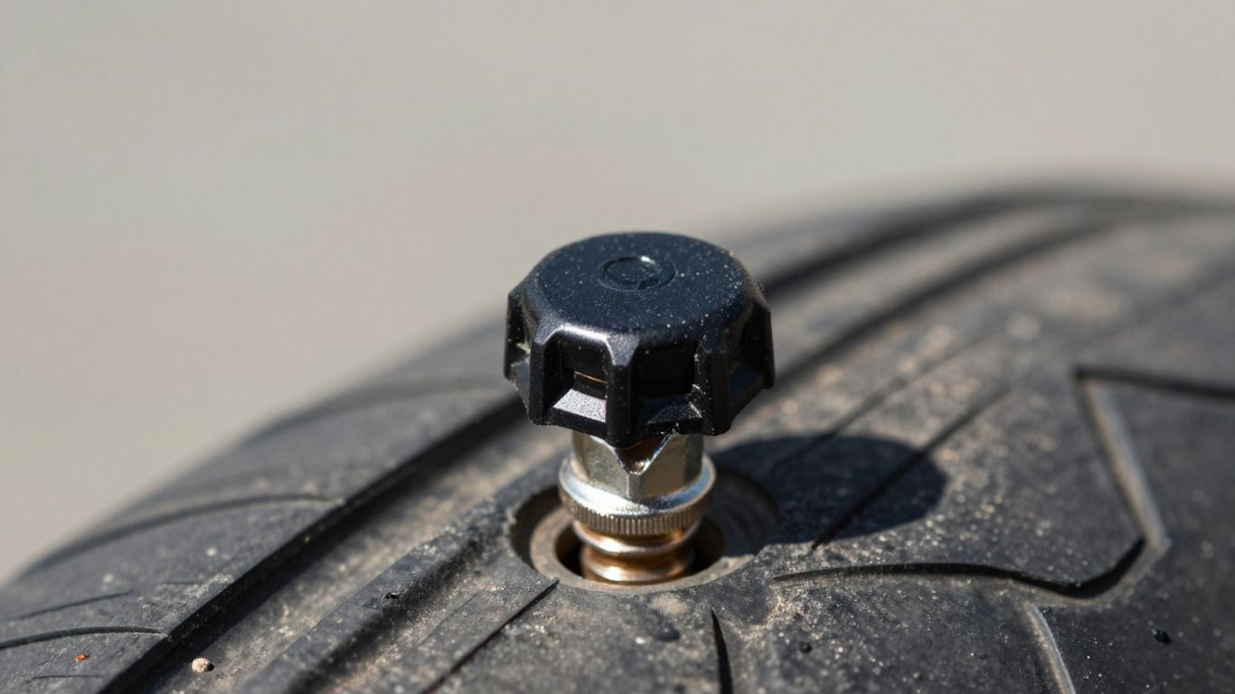 Close-up of a black tire valve cap on a valve stem.