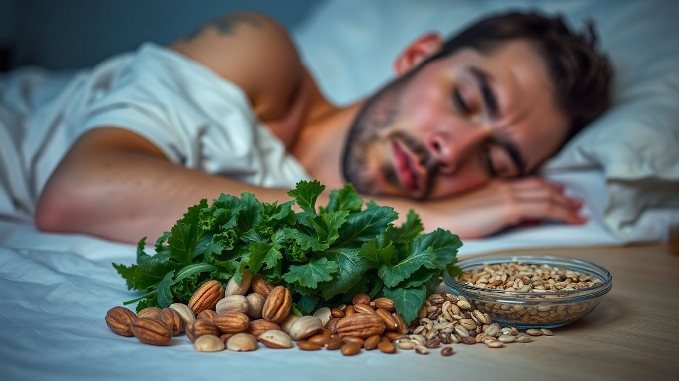 Person awake in bed with magnesium-rich foods nearby