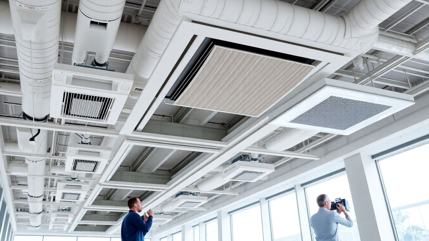 Intérieur de bâtiment avec bouches de climatisation centralisée modernes.