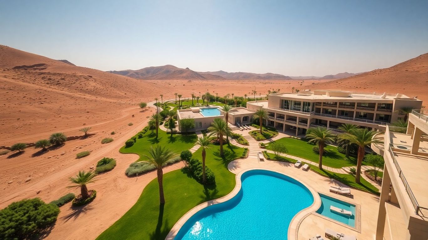 Luxury desert resort with pool and spa buildings.