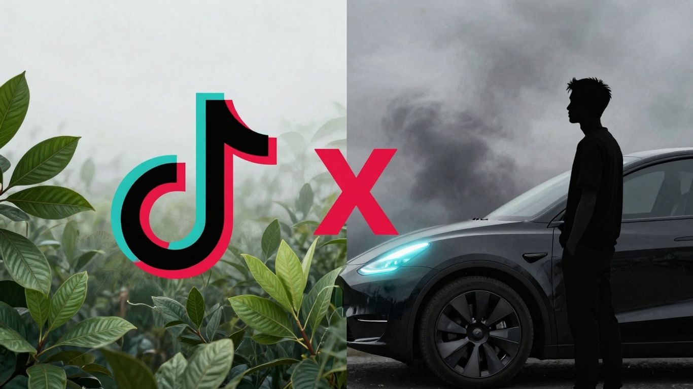TikTok logo censored over electric car and nature.