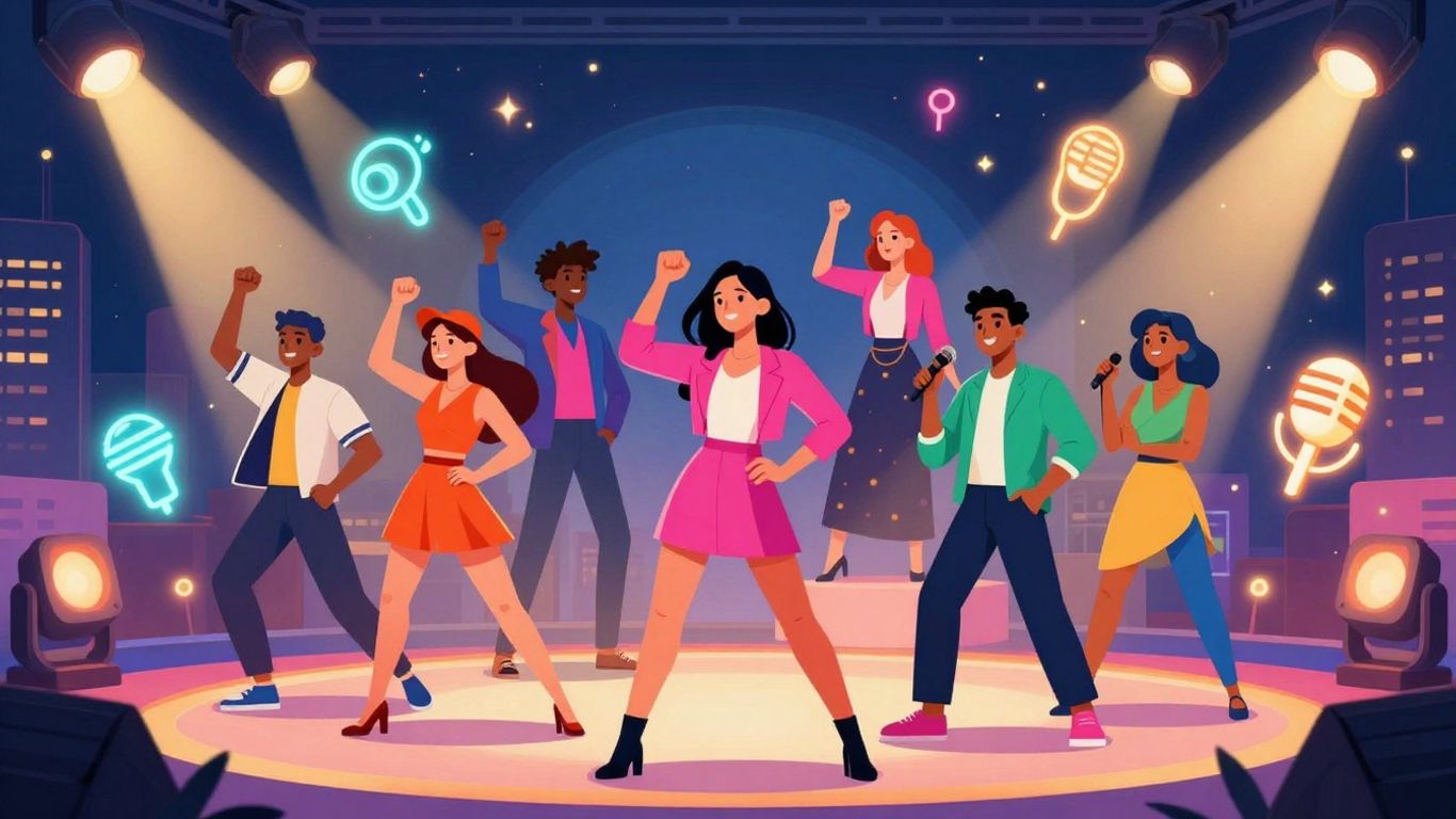 Entertainment Tonight hosts in a dynamic, game-like setting.