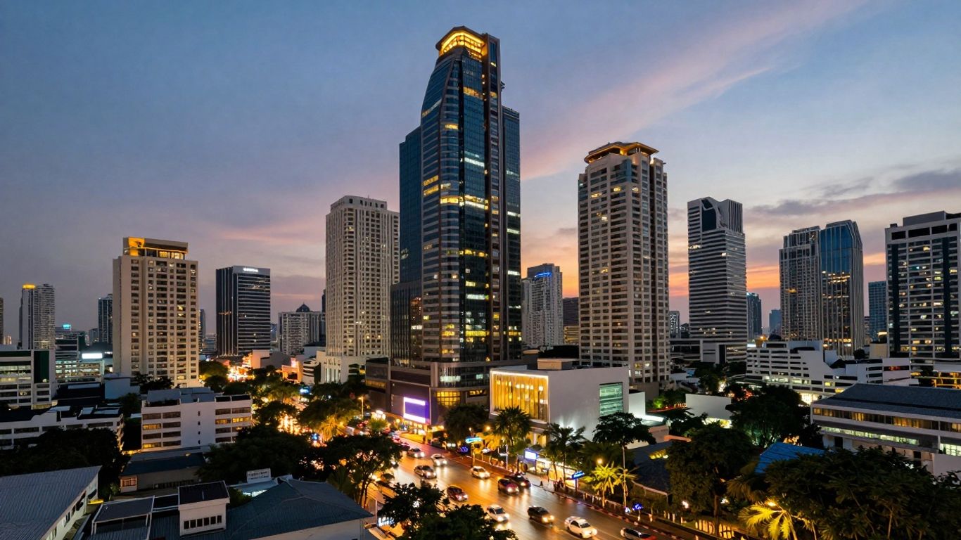 Bangkok cityscape with skyscrapers and busy streets.