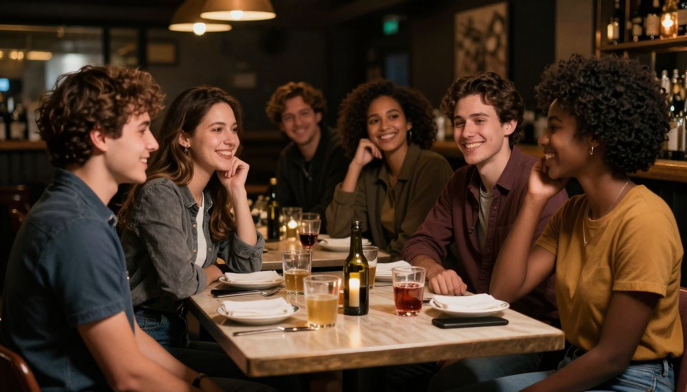 Attractive couples making eye contact at a speed dating event.