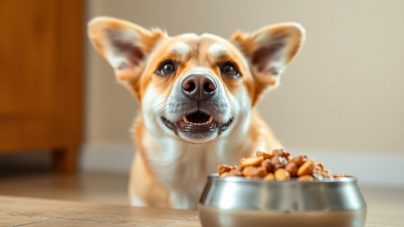 Dog food bowl with a happy, healthy dog.