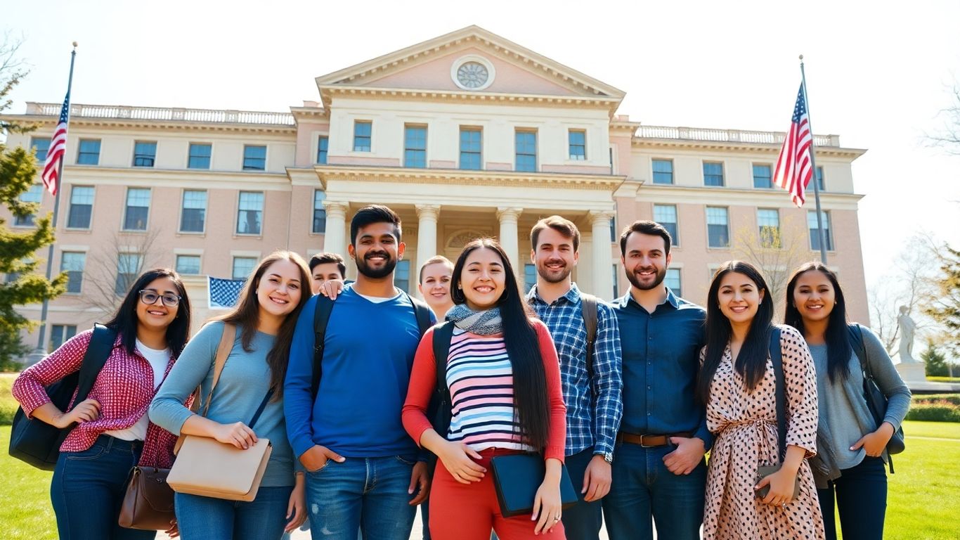 International students at a US university entrance.
