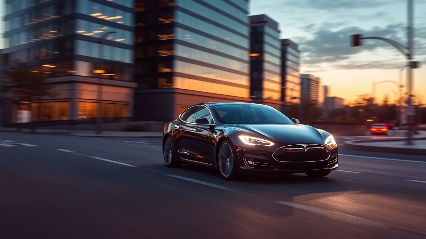 Tesla car driving on a city street at dusk.